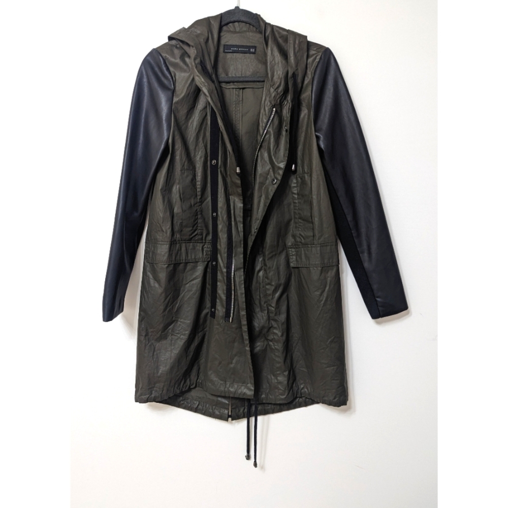 Zara Olive Green Parka with Black Faux Leather Sleeves